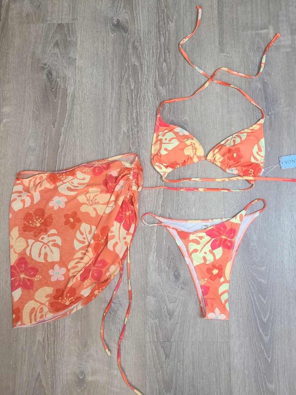 Yonique Orange Floral 3pc Bikini & Ruched Cover Up Skirt Swim Set NWT Sz L